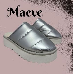 Maeve Women Puffer Platform Slippers Sz 7-8 M Silver Nylon Upper Cream Faux Fur